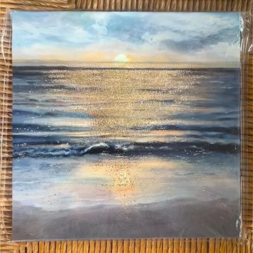 ON GOLDEN BEACH Canvas Wall Art Metallic Gold Sun Blue Waves Small Space 9 x 9
